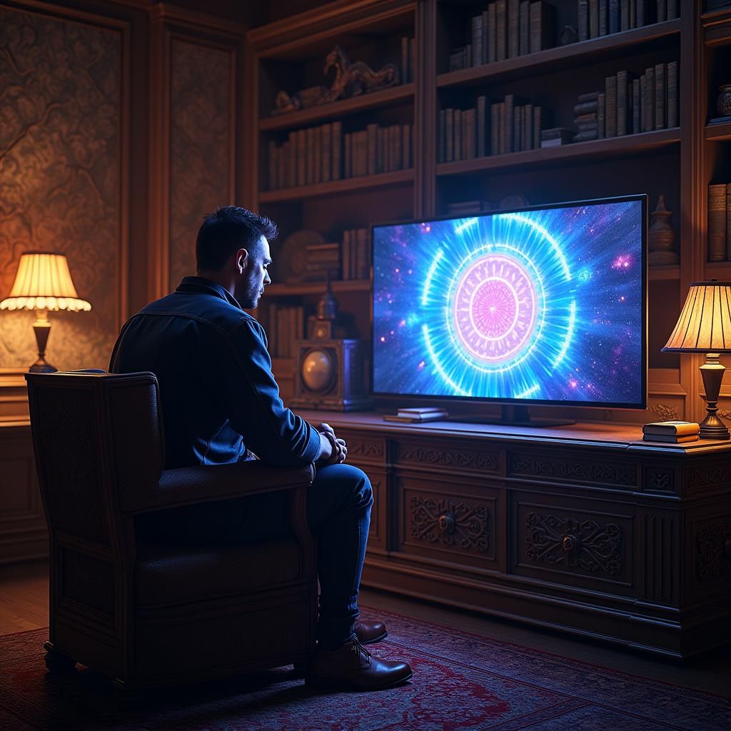 Man Watches Portal TV in Ornate Study