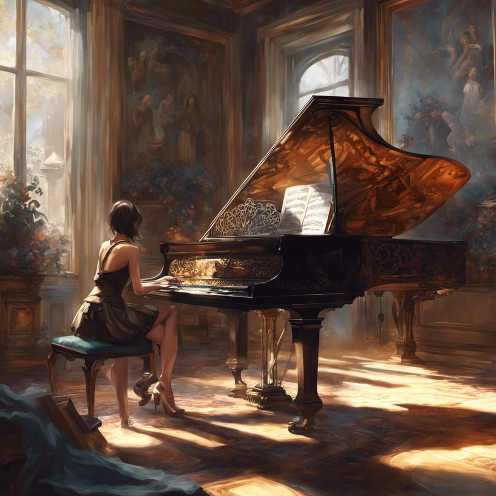 Native American Girl at Piano, Art Nouveau Style