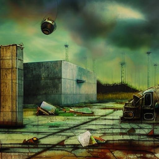 Dystopian Chernobyl Landscape in Naive Art Style
