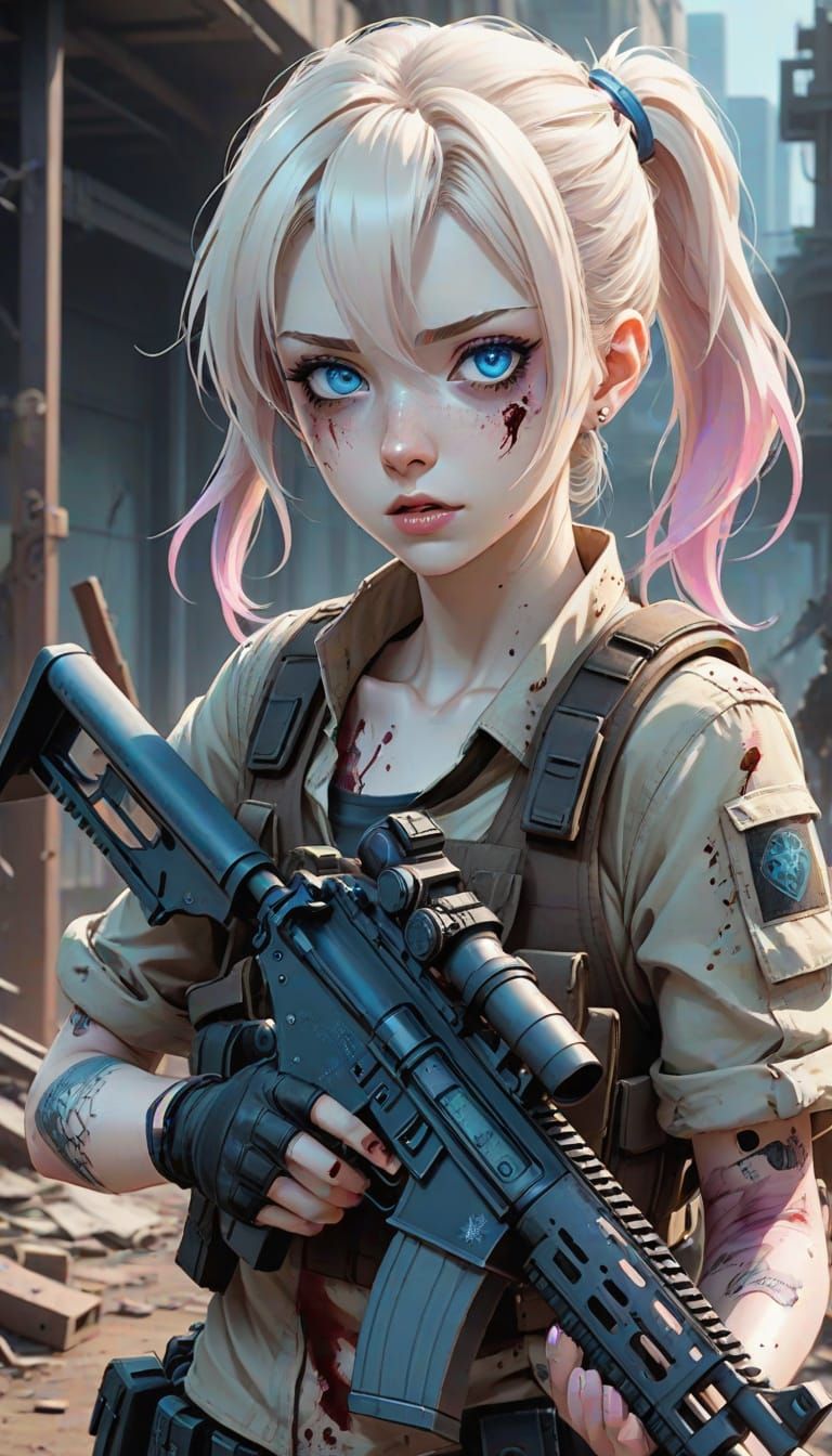 Anime Girl Running from Zombies in Post-Apocalyptic City