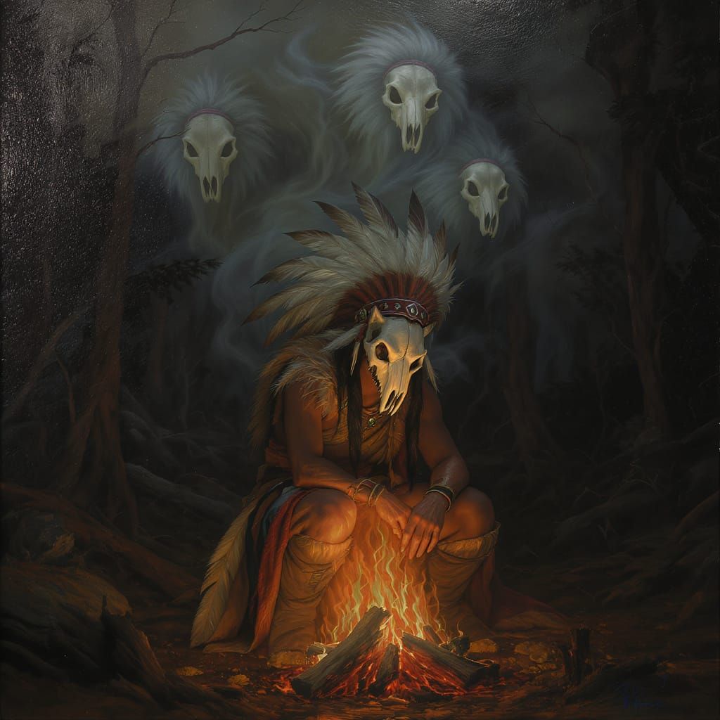 Native American Warrior with Wolf Skull Mask