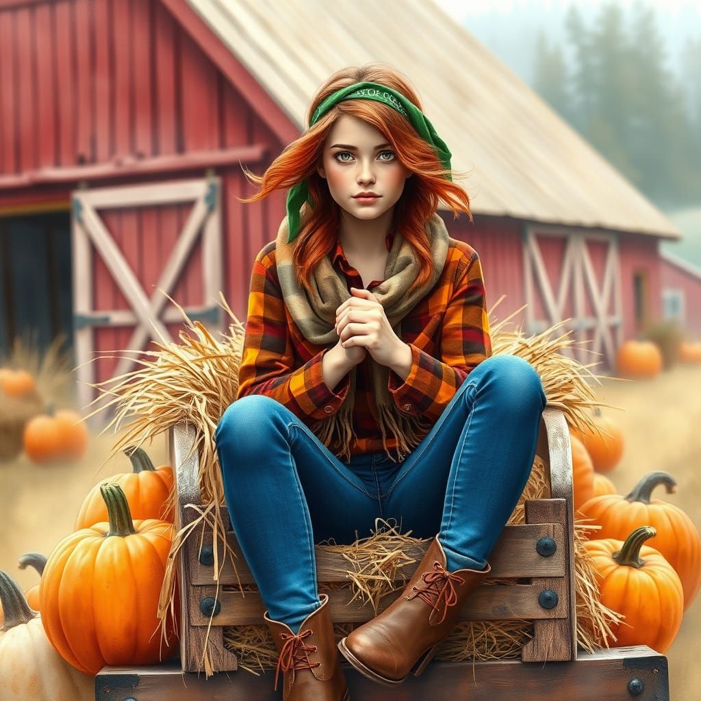 Young Woman in Hay Wagon, Watercolor Style