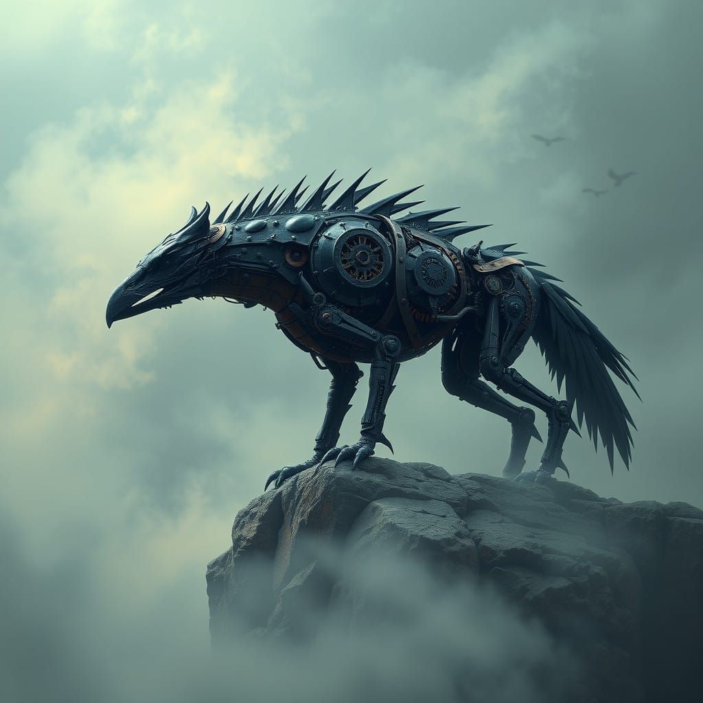 Cyberpunk Metal Crow Hyena Emerges from Misty Dusk