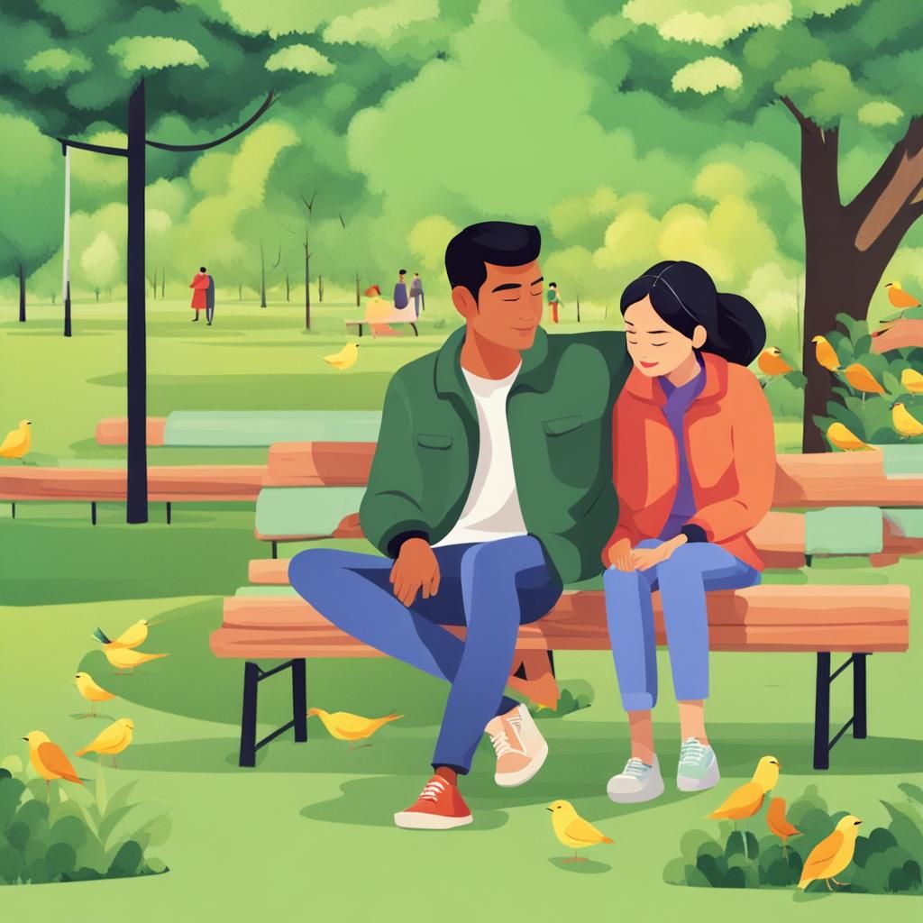 Animated Couple Hugging in Park, Bird's Eye View