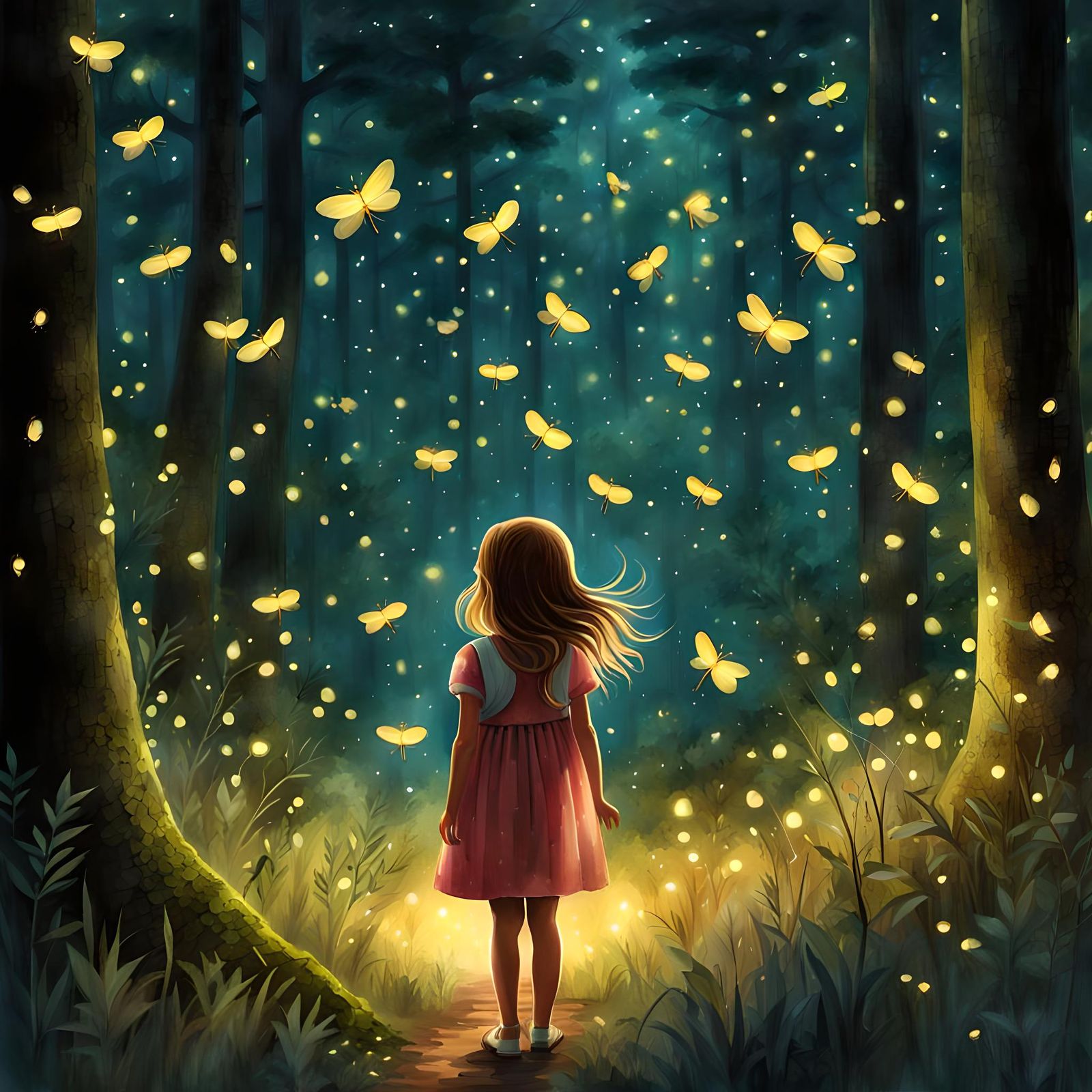 (millions of bright Fireflies:1.5) in a warm enchanted fores...