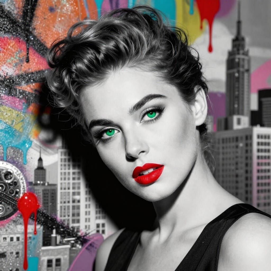 Glamorous Woman Portrait with Emerald Eyes and Red Lips