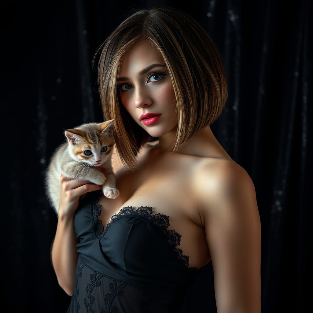 Woman with Kitten: Boudoir Portrait in 3D Render
