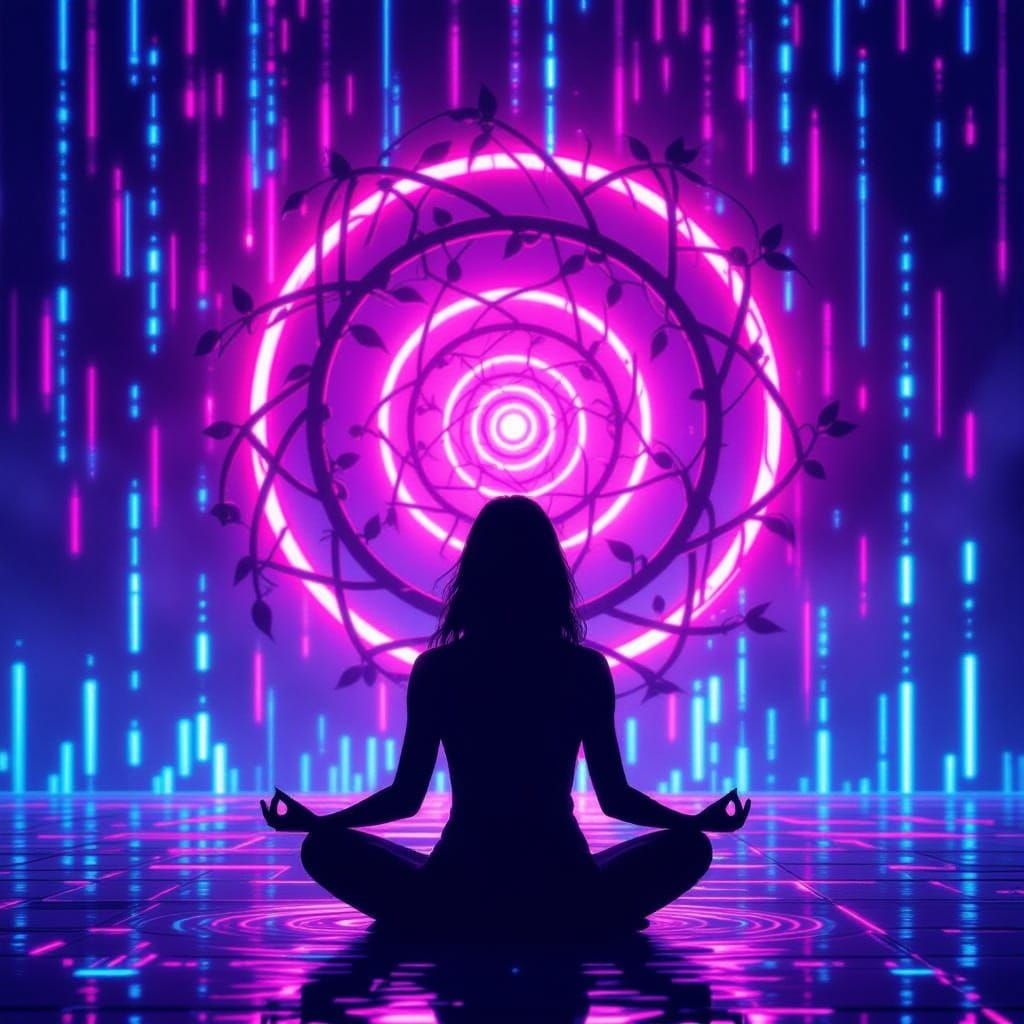 Meditating Figure with Crimson Spiral and Neon Rain