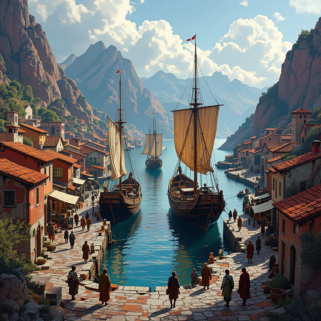 Ancient Harbor with Sailships: Matte Painting