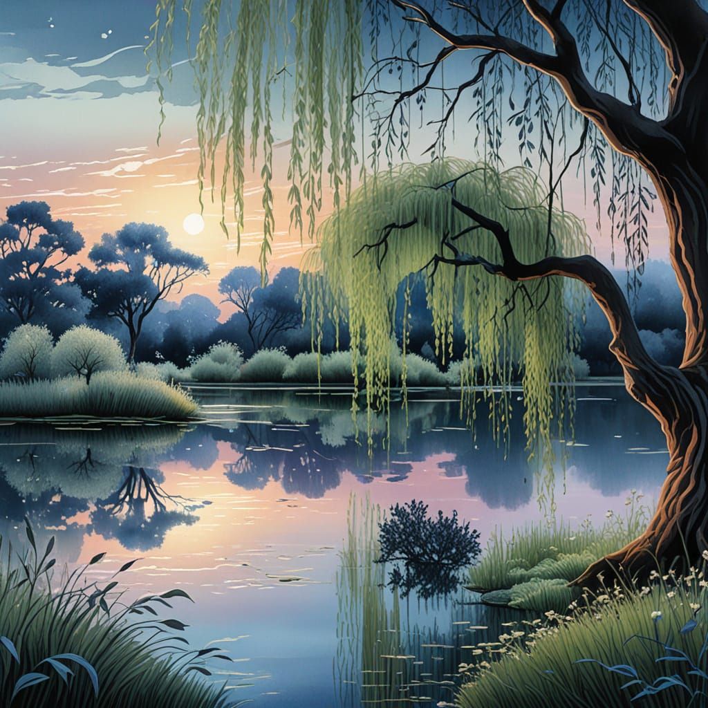 Whimsical Watercolor Botanical of a Weeping Willow Tree