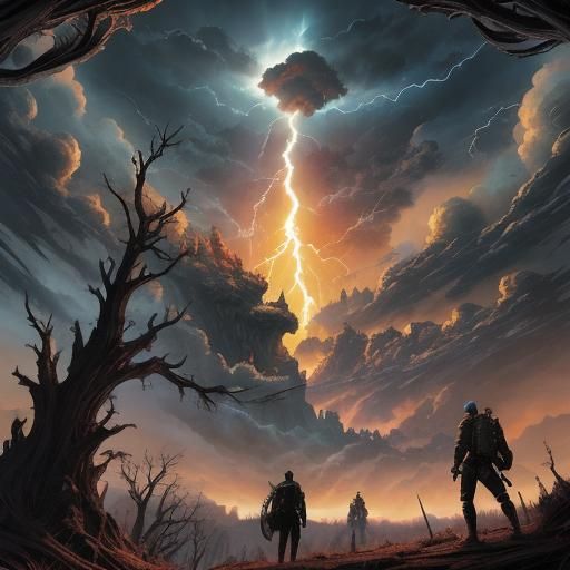Fantasy Adventurers Witness Lightning in Wasteland