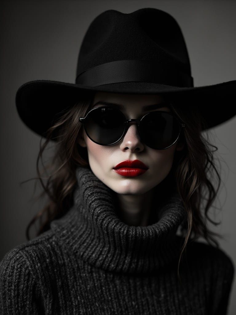 Mysterious Woman in Shadowy Fedora, Dark Gray Sweater, and B...