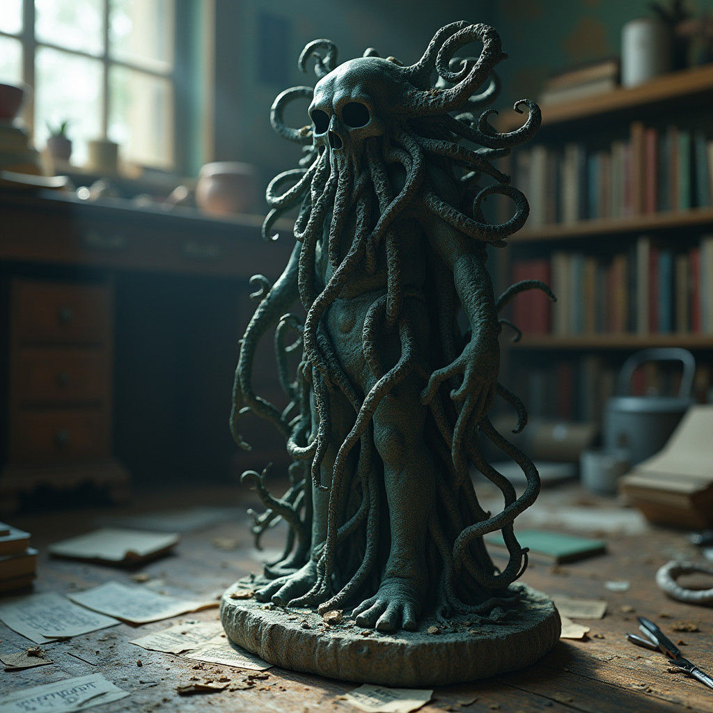 Occult Lovecraftian Statuette in Cluttered Office