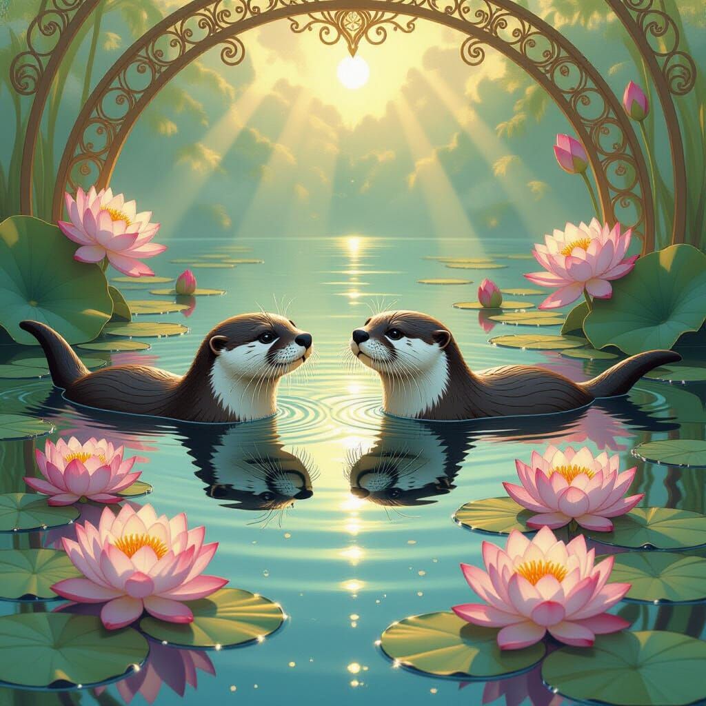 Celestial Otters Reflecting Cosmos in Art Nouveau Style