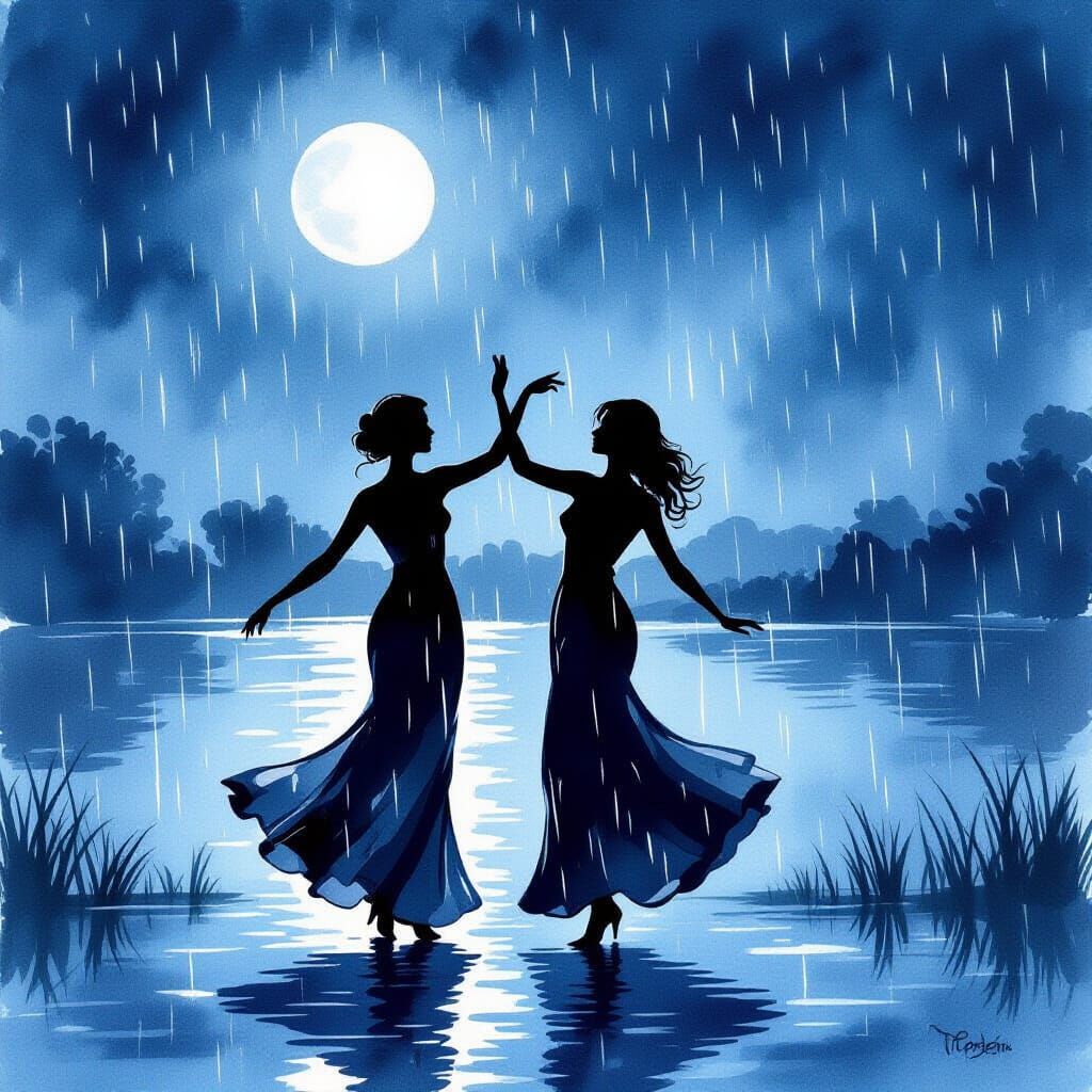 Dancing Silhouettes in Rainy Moonlight: Watercolour Art
