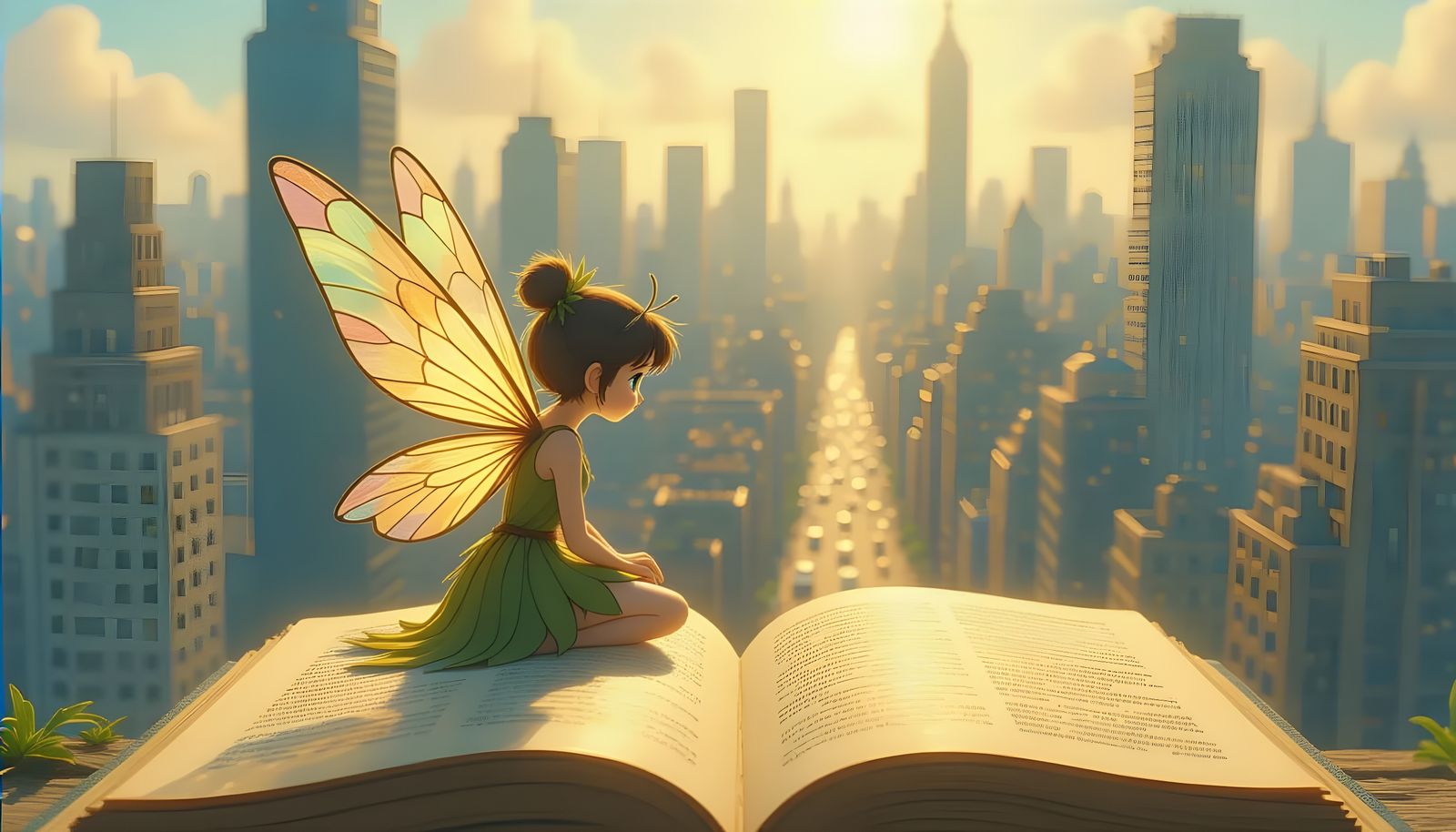 Miniature Fairy Gazing at City, Ghibli Style