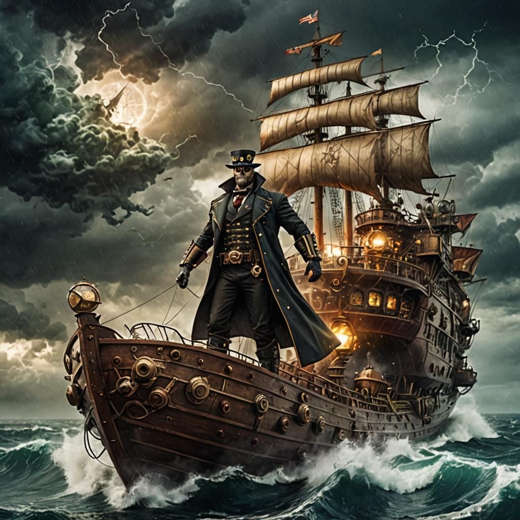 Steampunk Superhero Confronts Ship in Stormy Seas