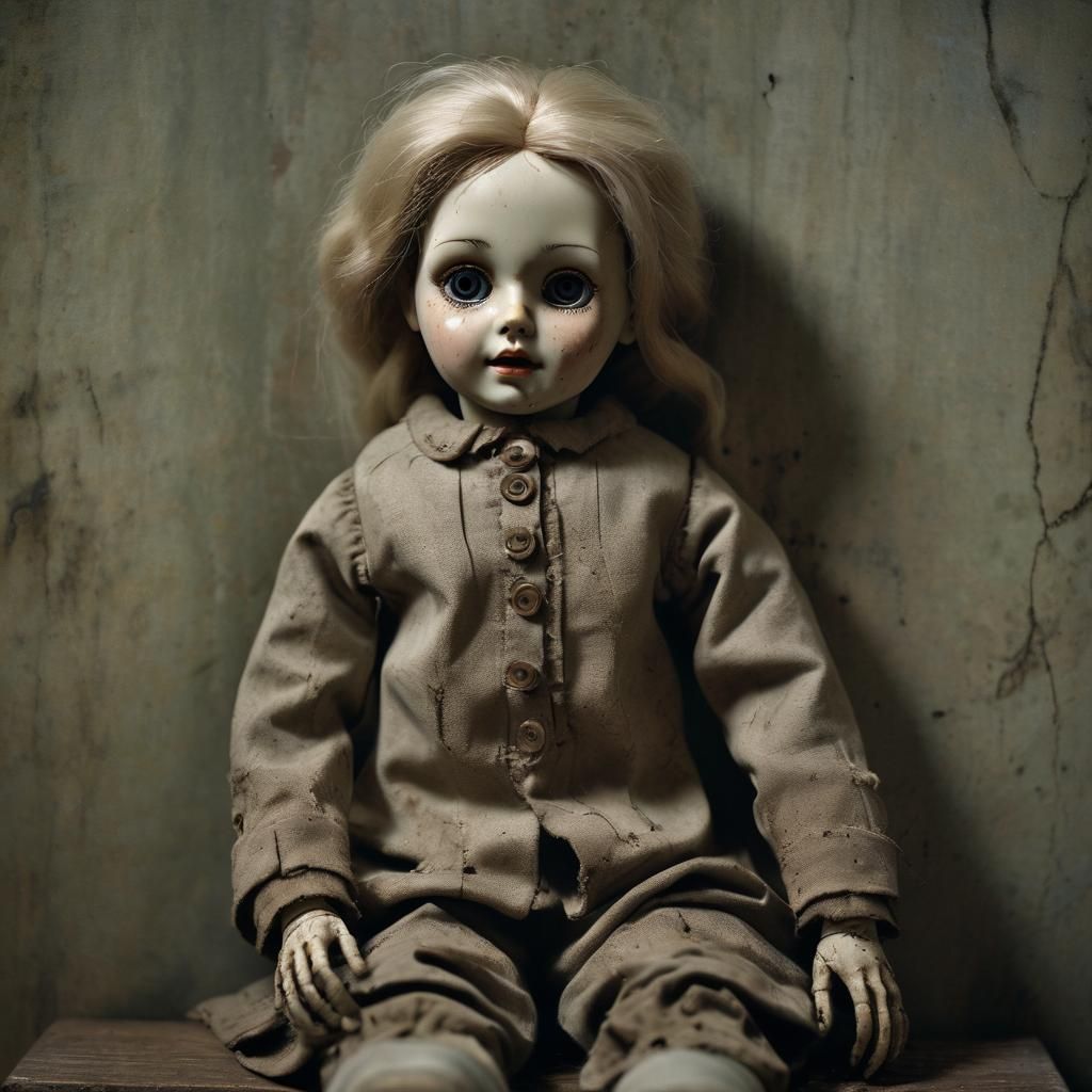 A dusty, old doll with cracked porcelain skin, seated in a dimly lit, eerie room. The doll’s appearance is unsettling, w...