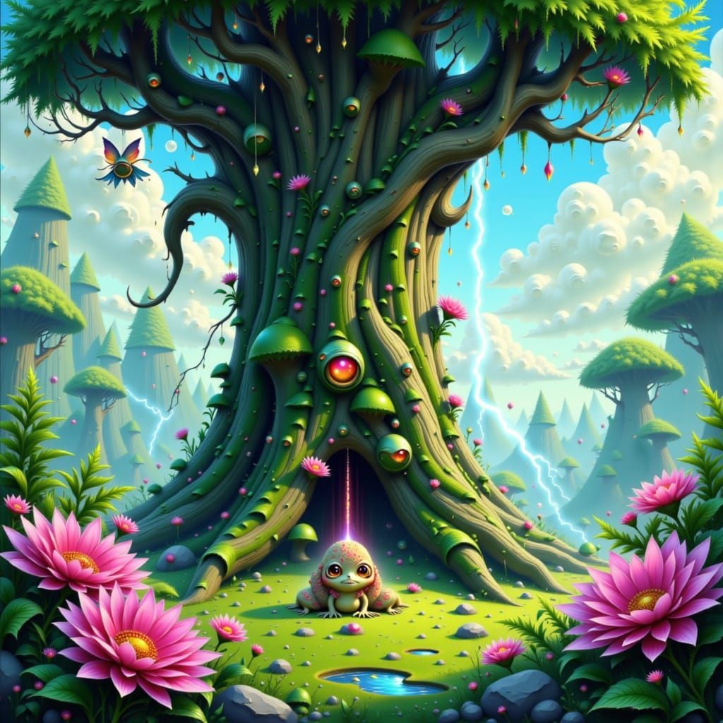 Fantastical Lightning Tree with Moss Critter, Anime Style