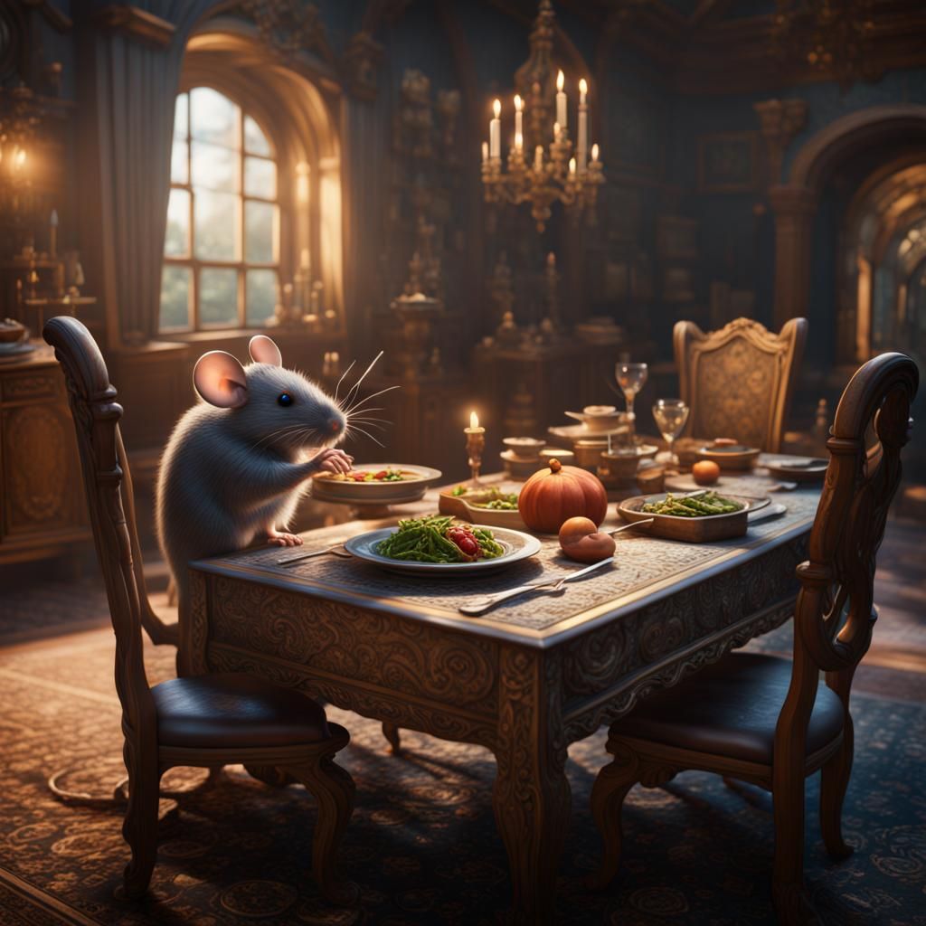 Mouse Sets Dinner Table: Detailed Fantasy Art