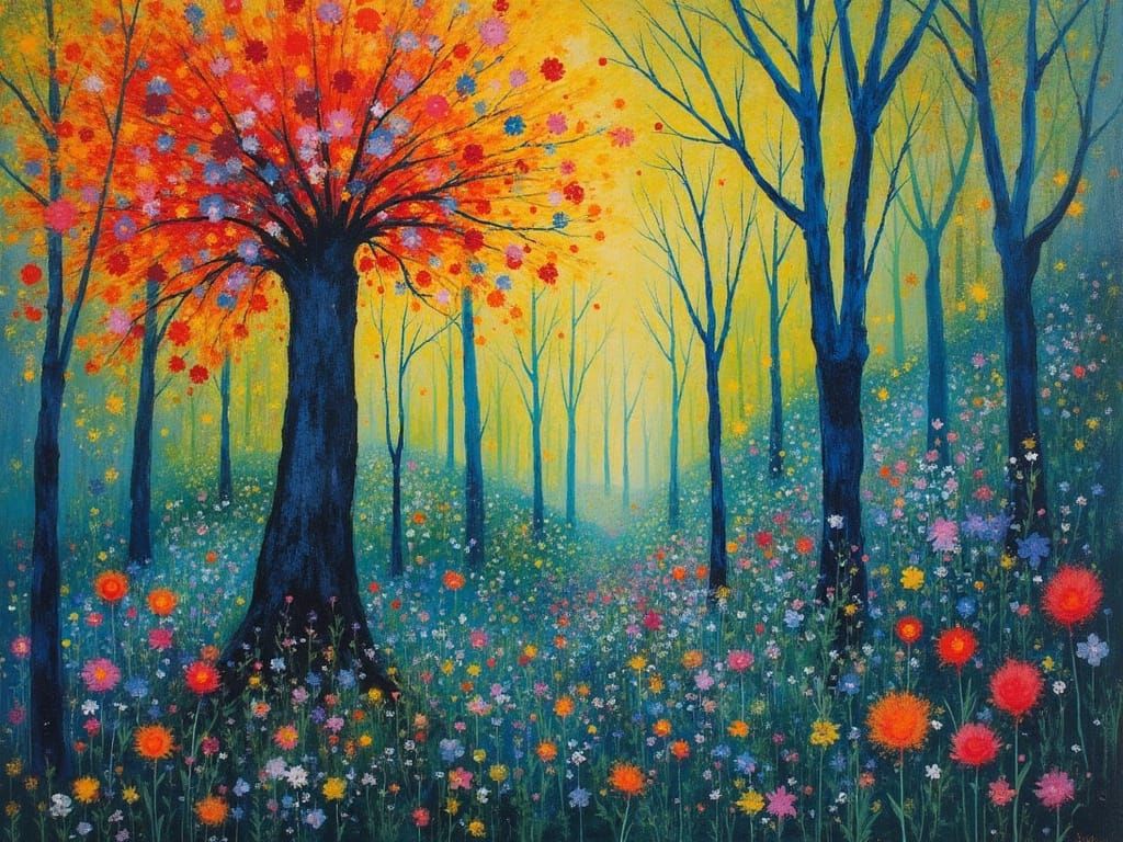 Vibrant Tropical Landscape in Primitivist Style