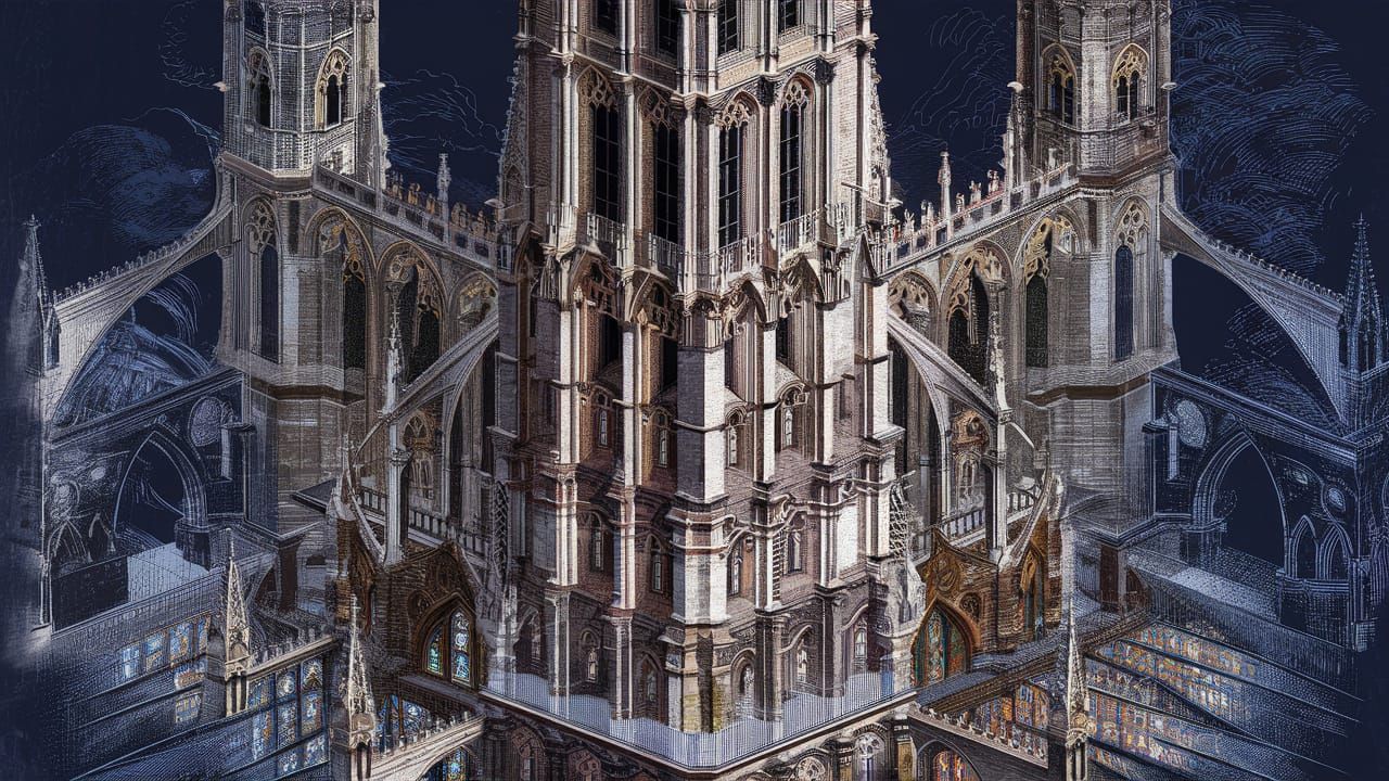 Detailed Blueprint of Gothic Cathedral with Stained Glass