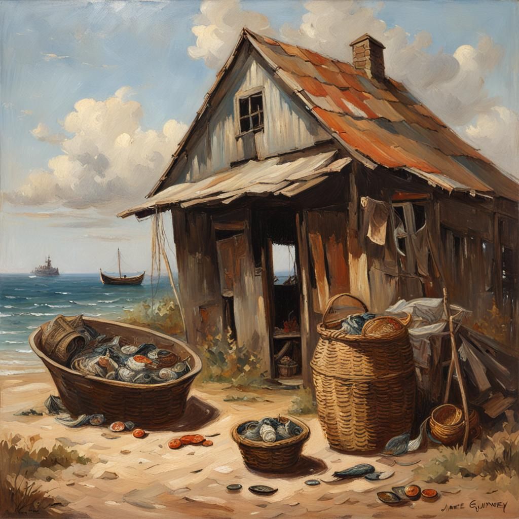 Seaside Shack with Fishing Boat in Oil Painting Style