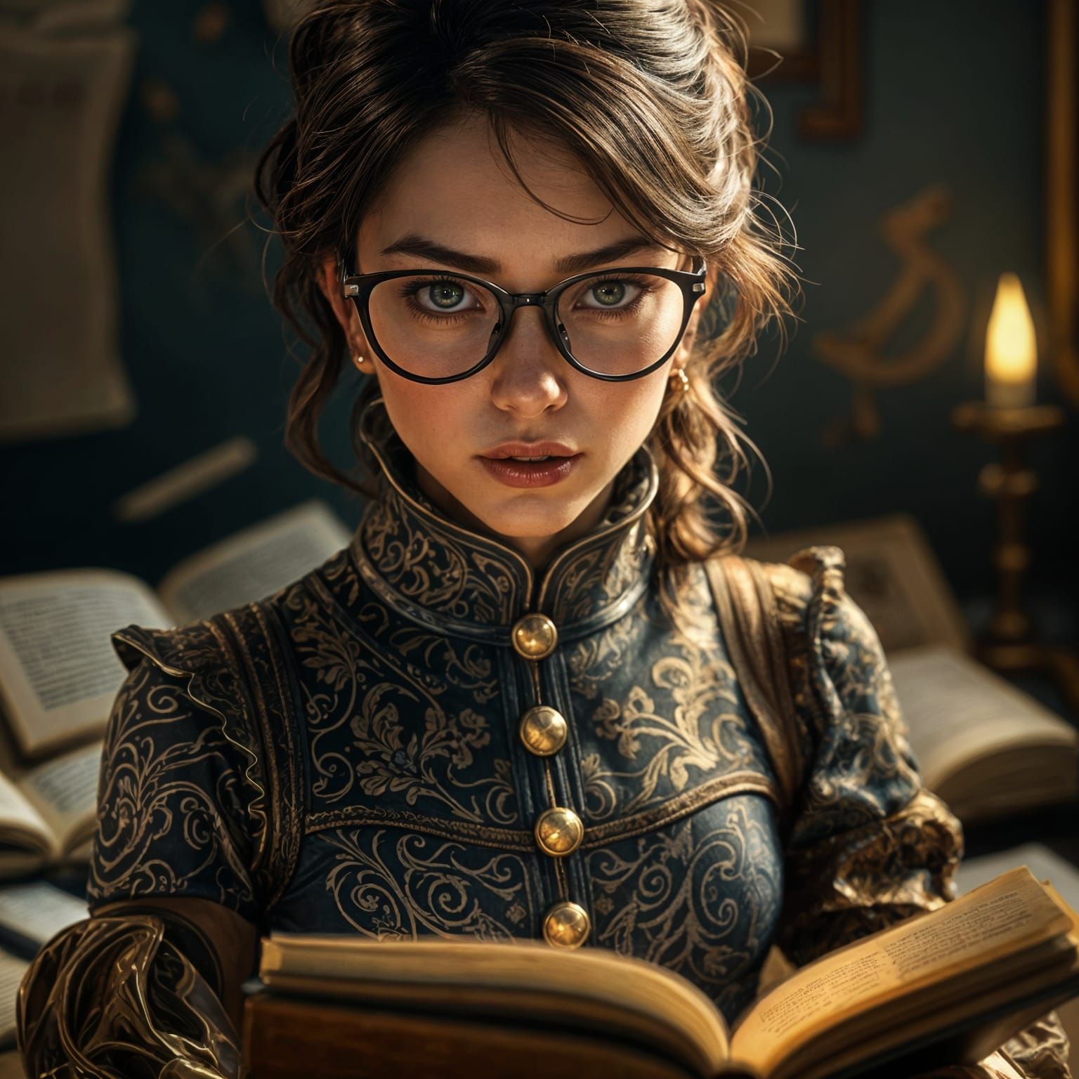 Victorian Steampunk Bookworm Reclining in a Corset