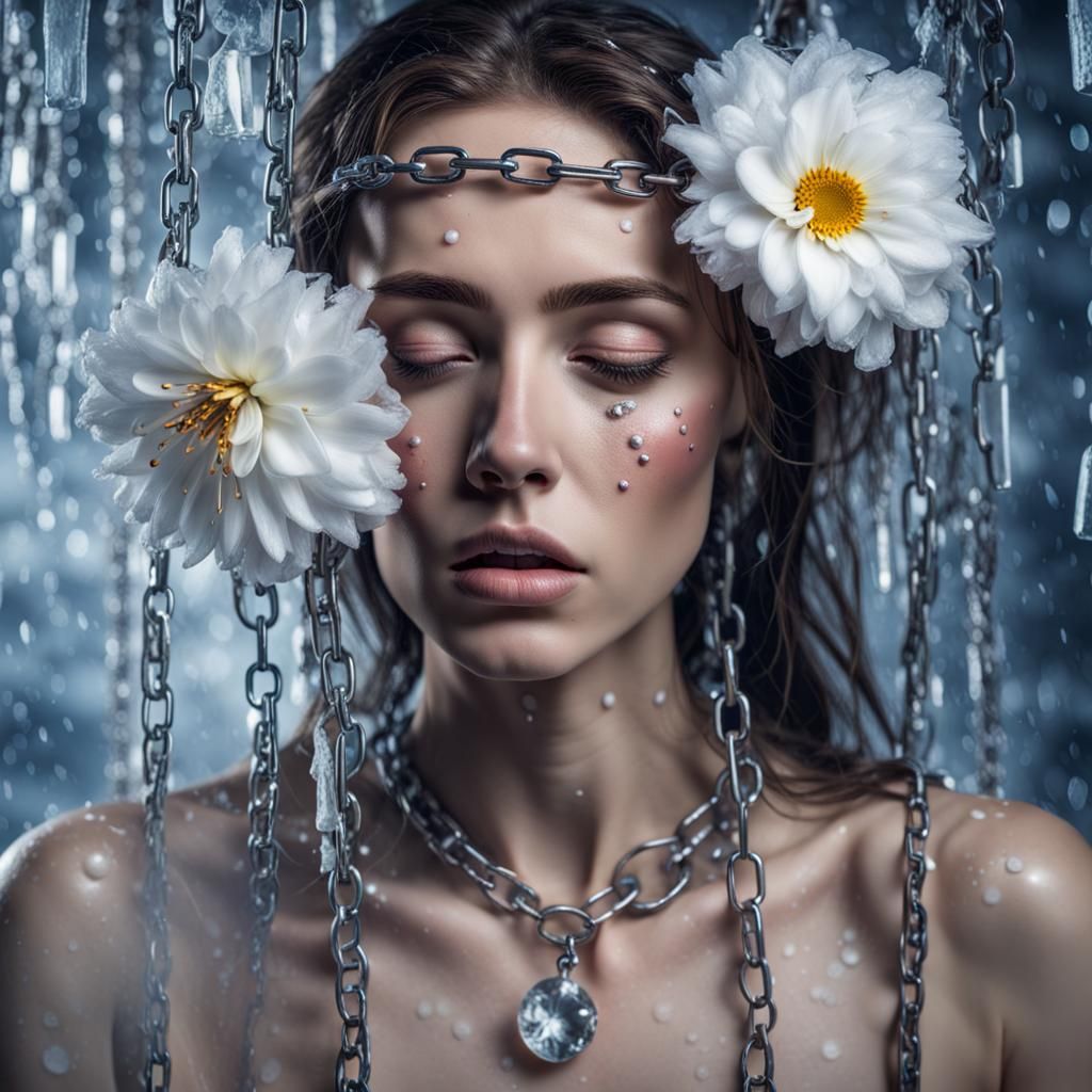 Sad Woman with Tears on Frozen Background