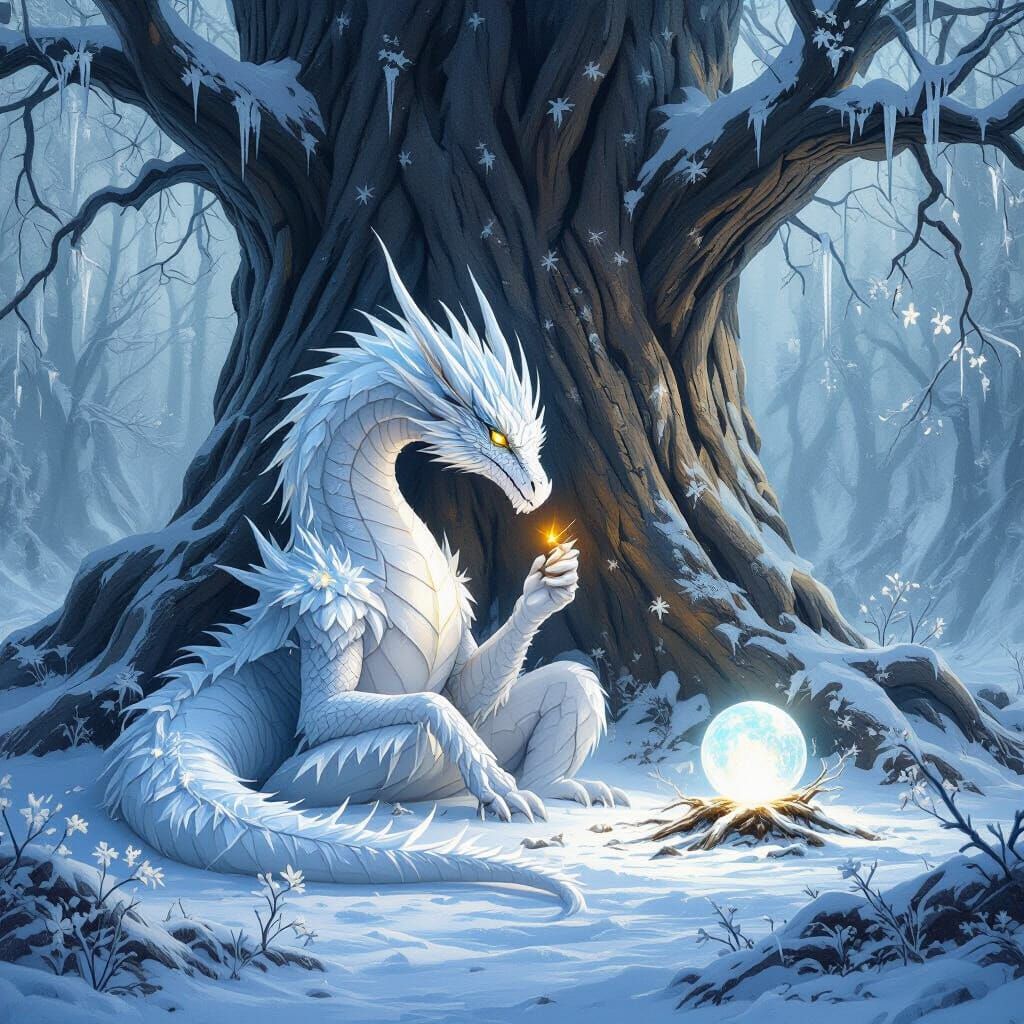 Ice Dragon Fails to Light Match in Frozen Forest