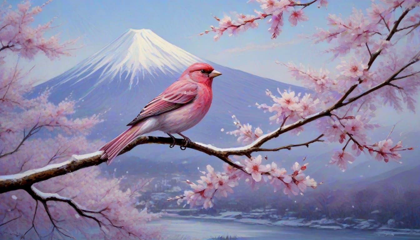 Purple Finch on Icy Sakura Branch at Mount Fuji