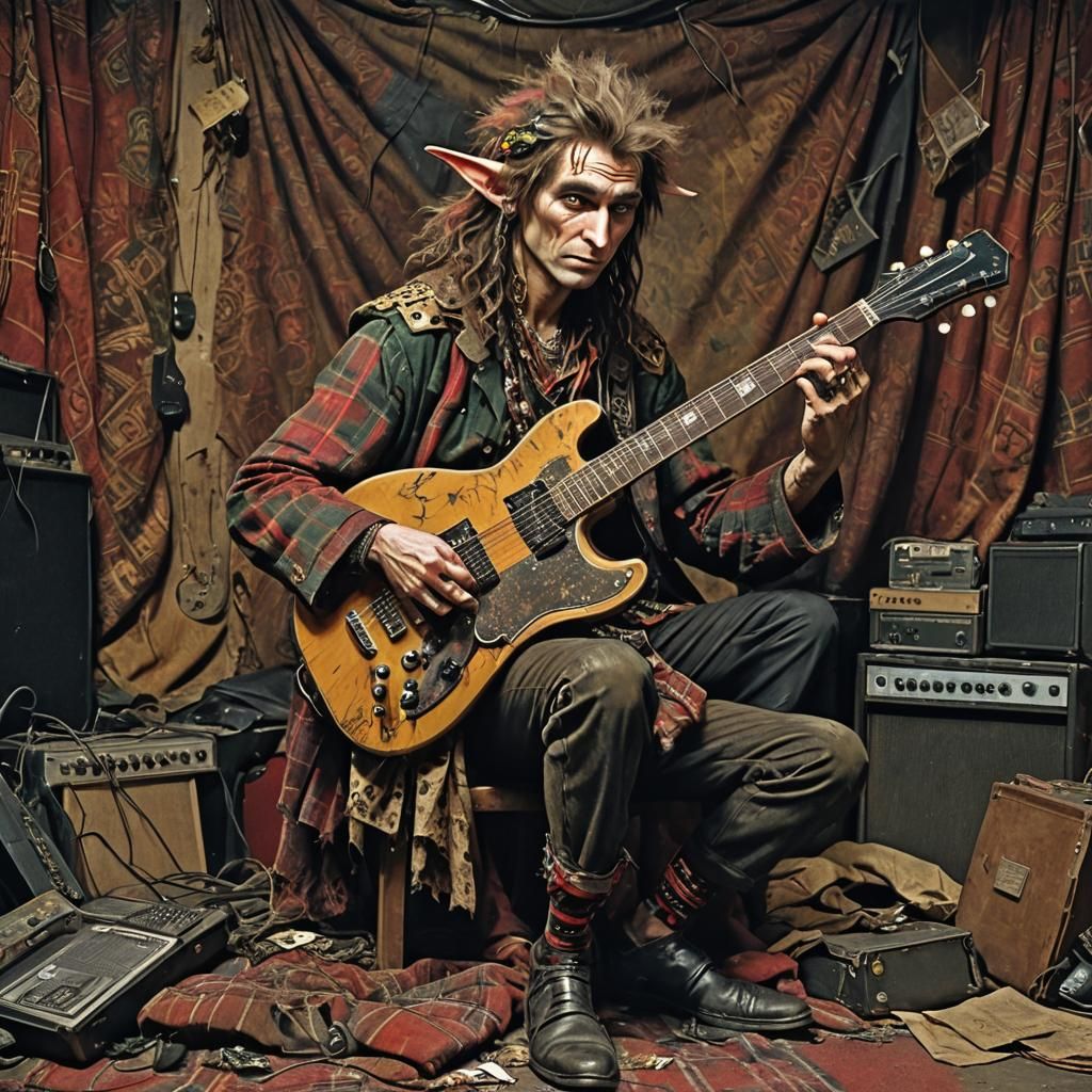Grungy Elf Musician on Stage in Gritty Fantasy Art