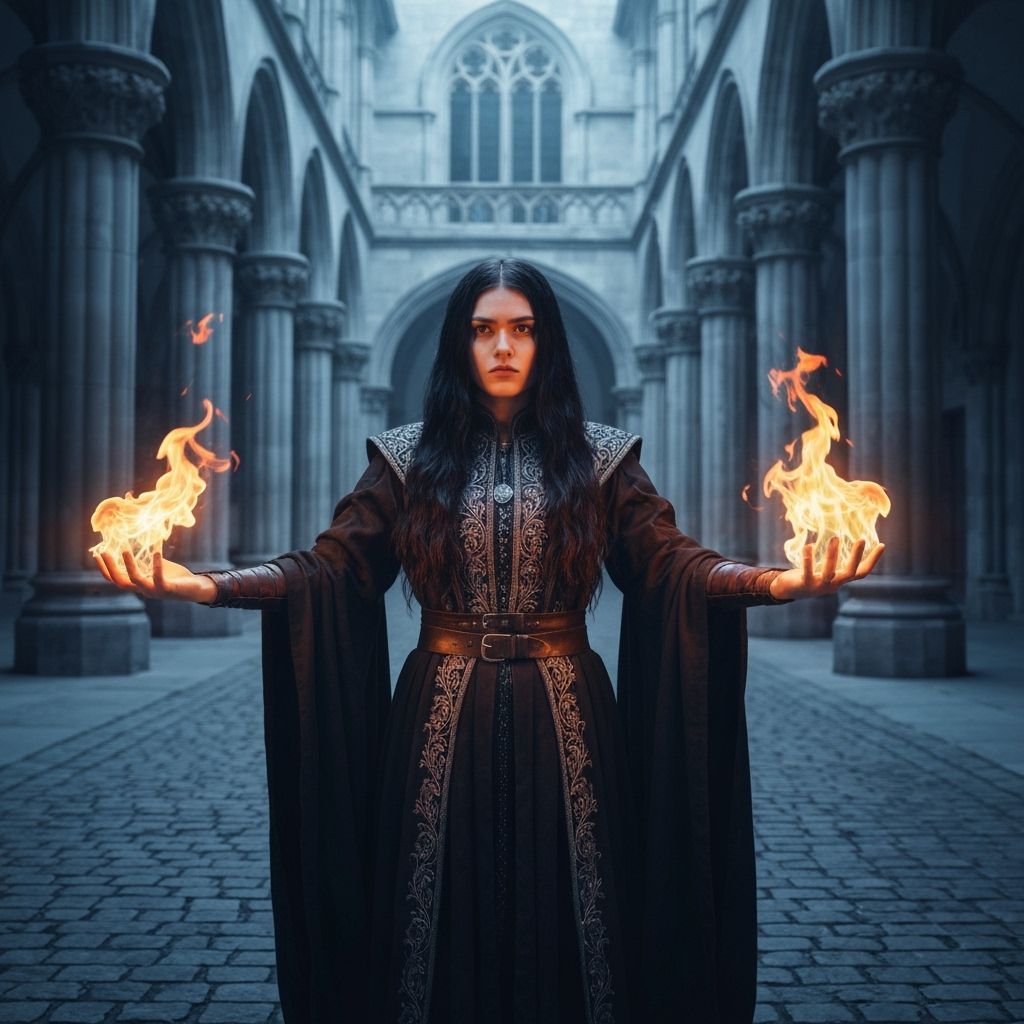 Gothic Courtyard: Woman Unleashes Flames