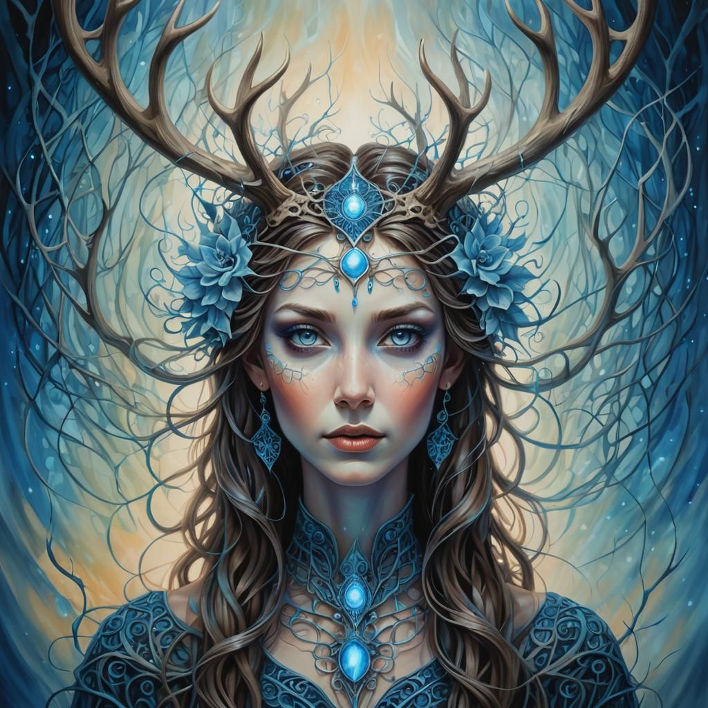 Ethereal Woman with Antlers in Abstract Style