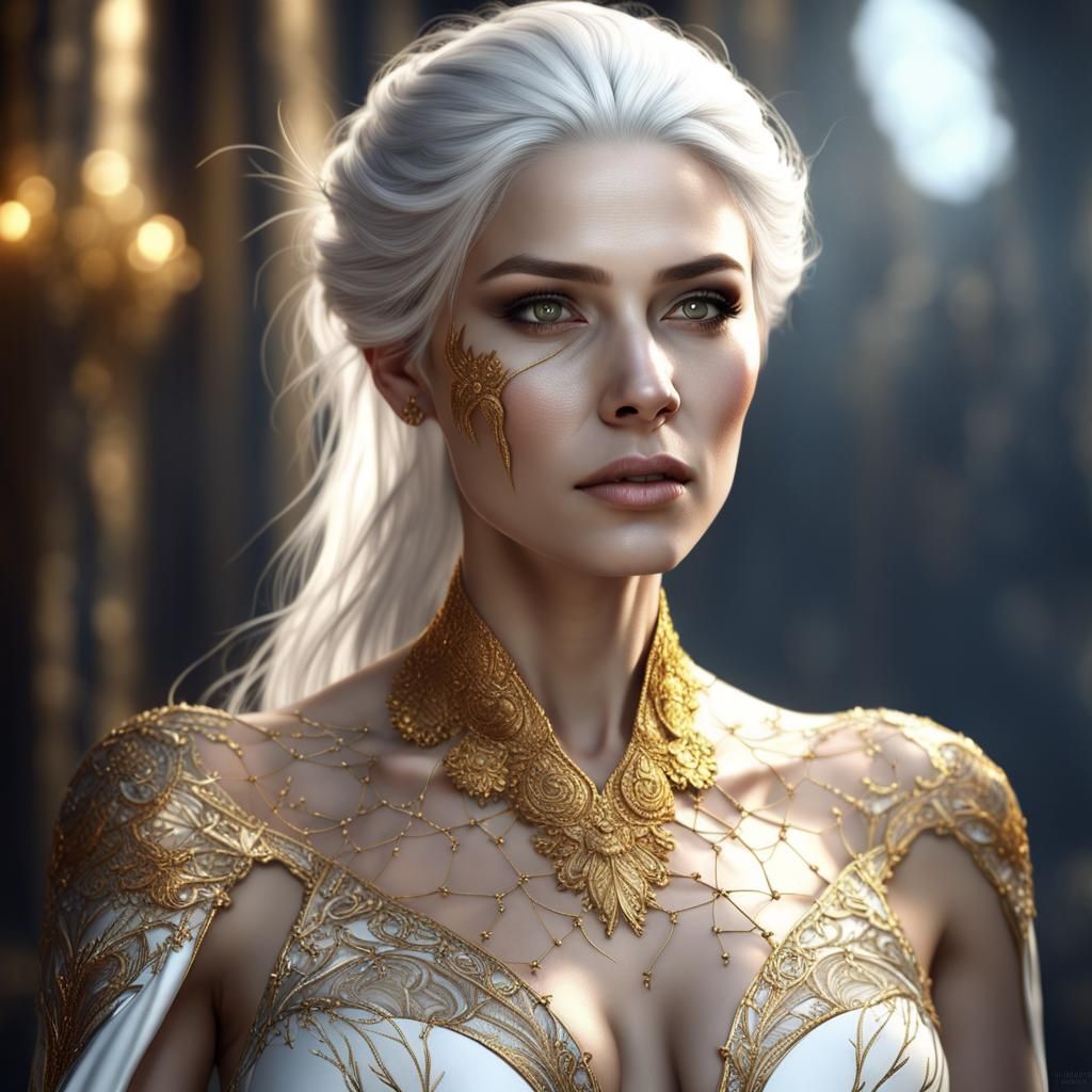 A dazzling woman with cracks like porcelain cracks in her skin that are clearly visible, pure white skin, golden eyes, s...