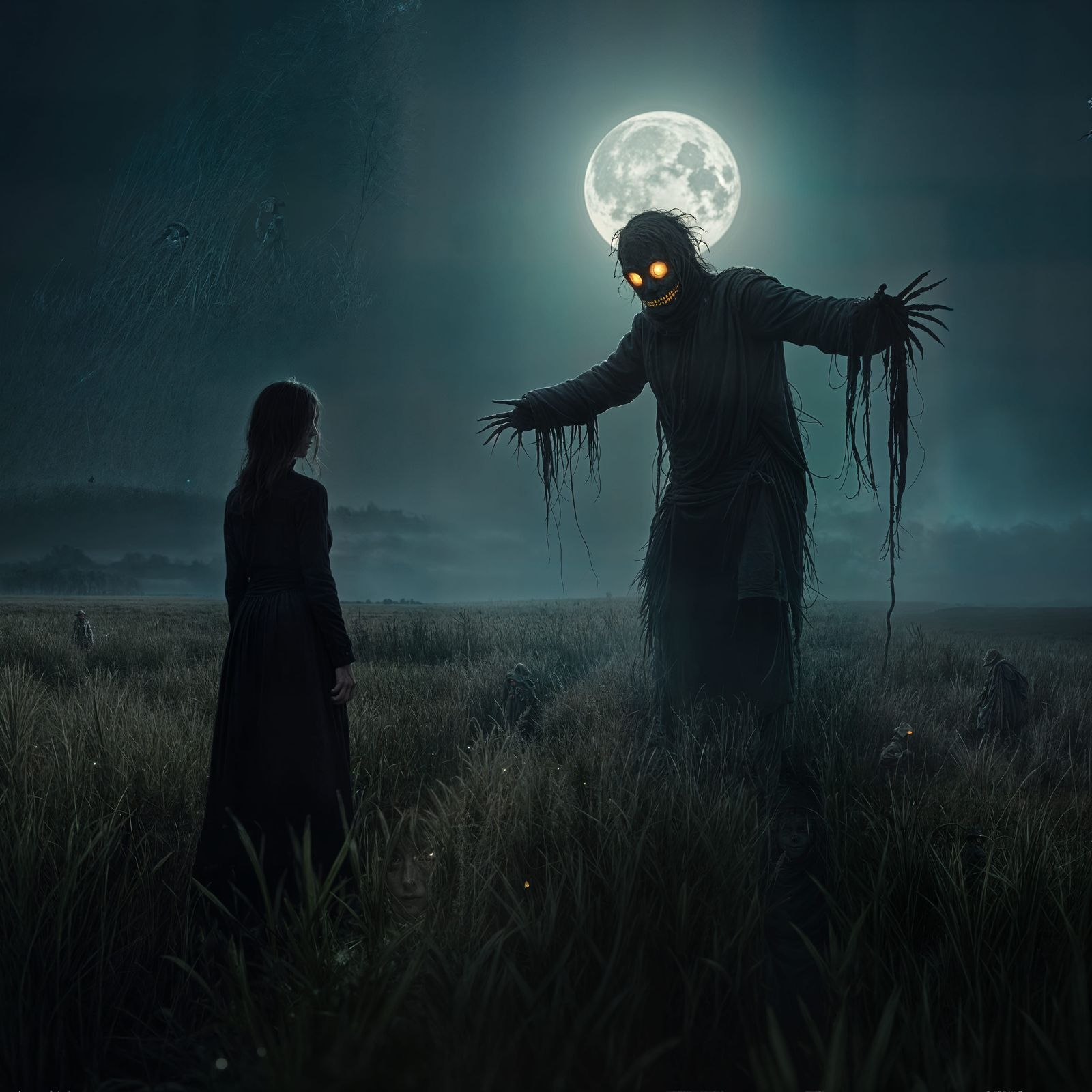 Feldgeister Scarecrow Haunts Field at Night