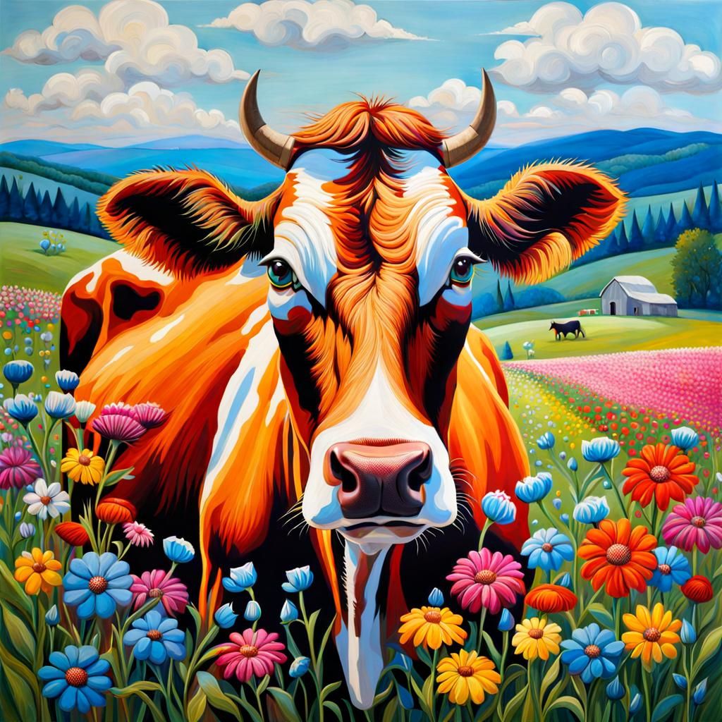 Cow Grazing in Colorful Field: Modern Mixed-Media Art
