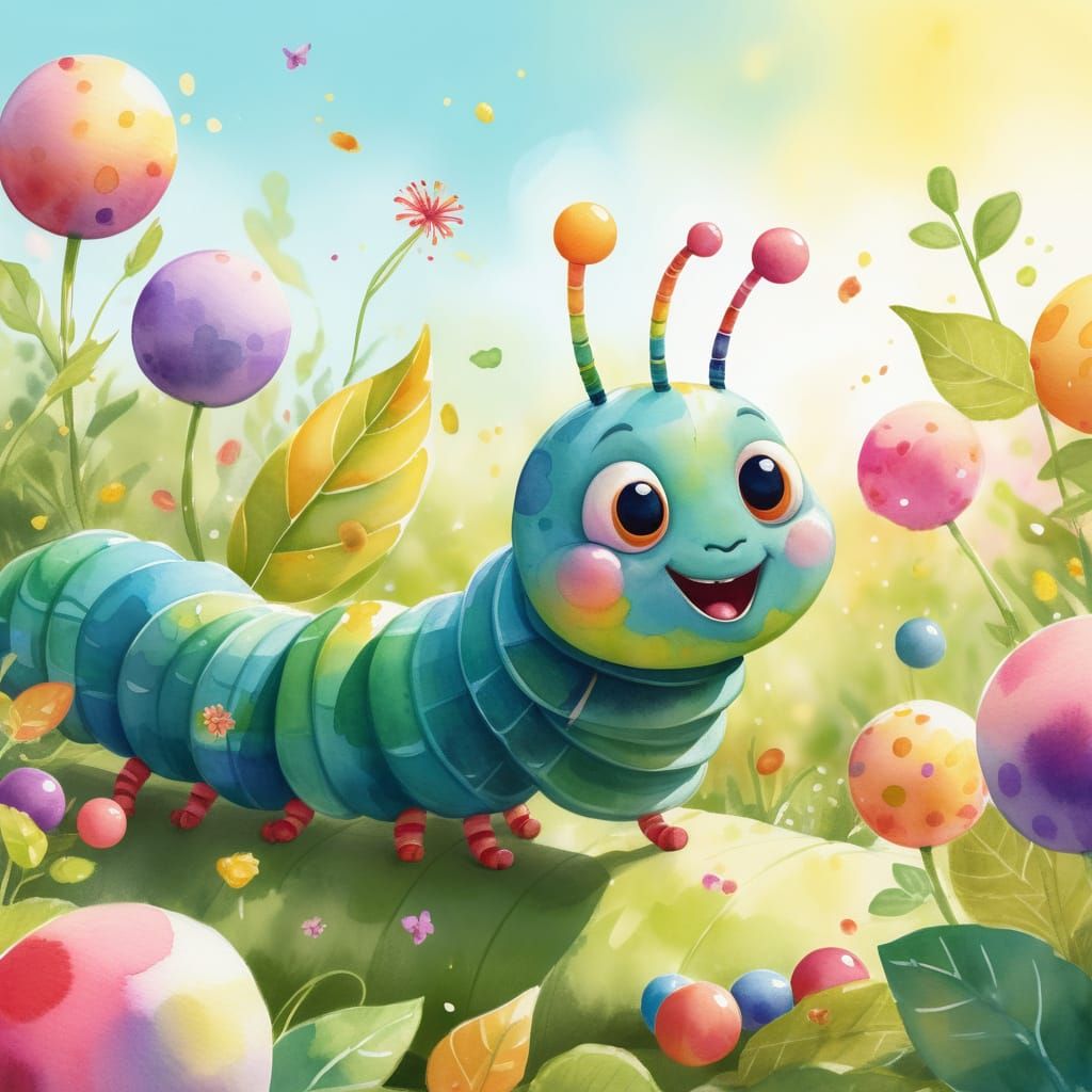 Excited Caterpillar Playing with Toys in Watercolor Garden