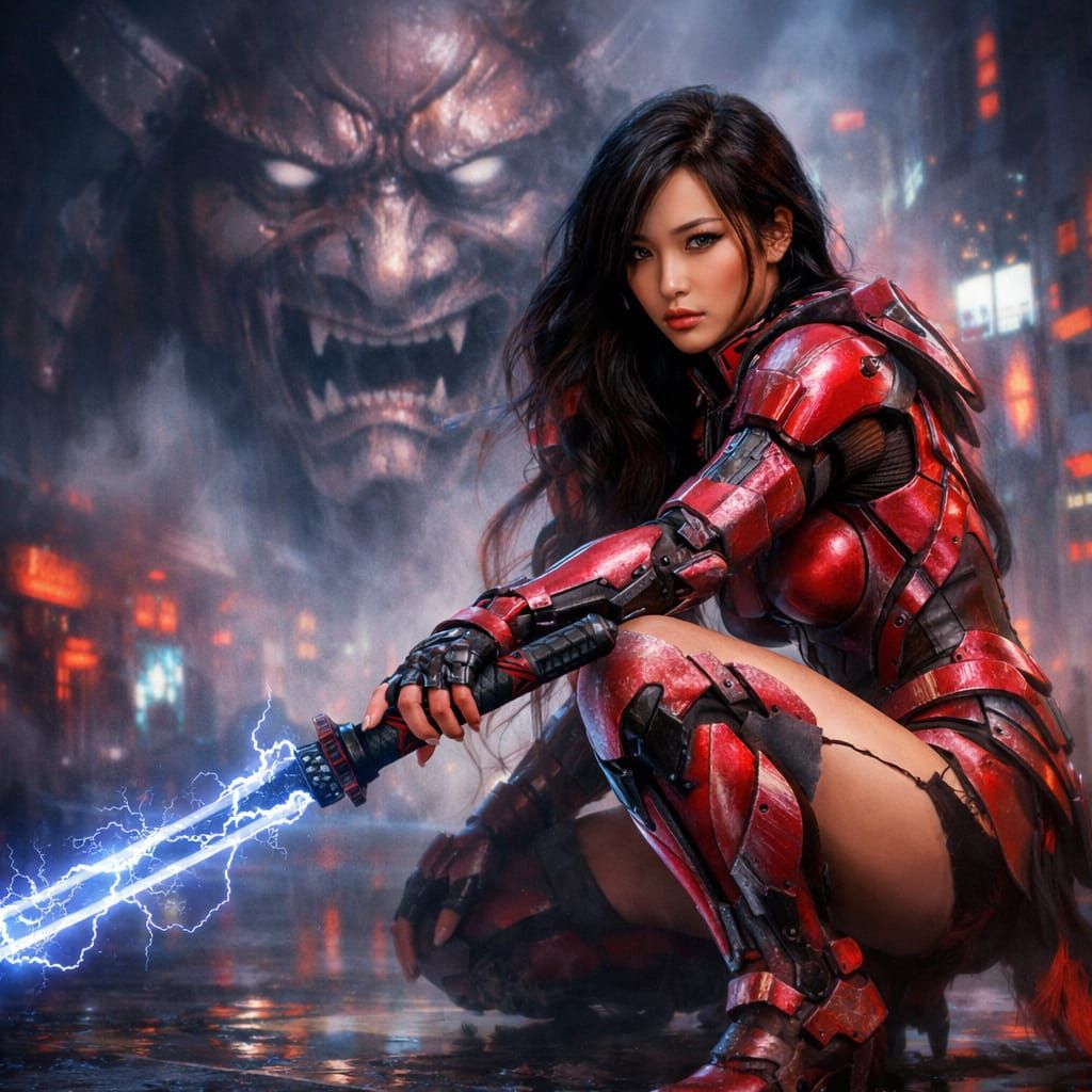 Cyberpunk Warrior Woman with Lightning Katana