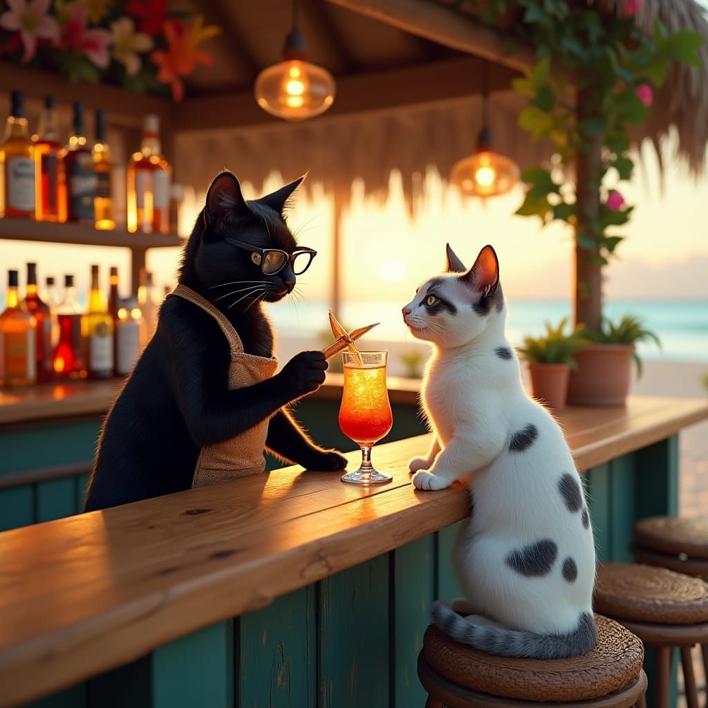 Whimsical Beachside Bar Scene with Feline Bartenders