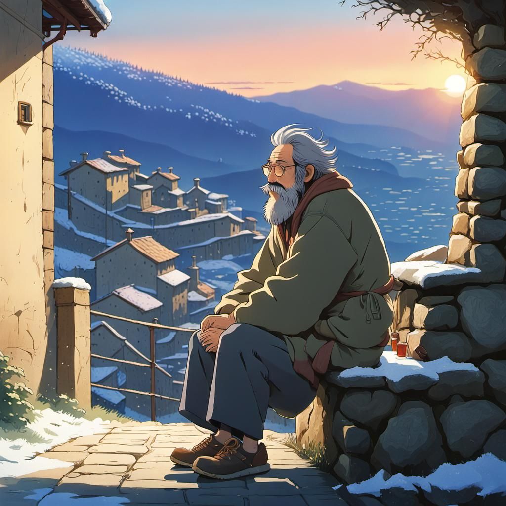 Man Admiring Sunset in Studio Ghibli Style