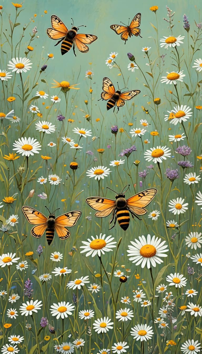 Cute Summer Meadow with Bees and Butterflies