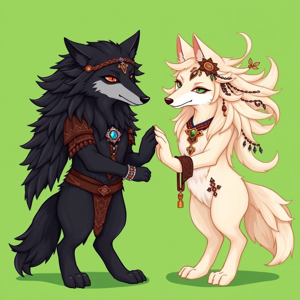 Anthropomorphic Wolves Embody Harmony in a Vibrant Landscape