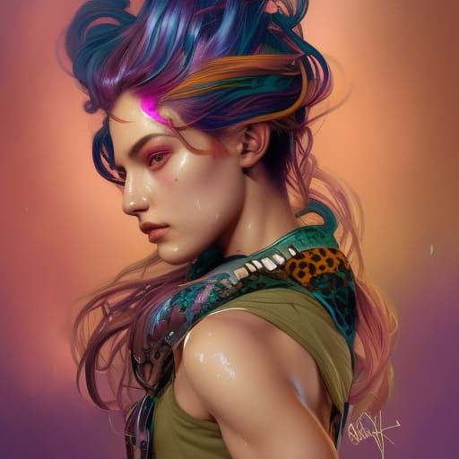 Rainbow-Haired Warrior Portrait in Artgerm Style
