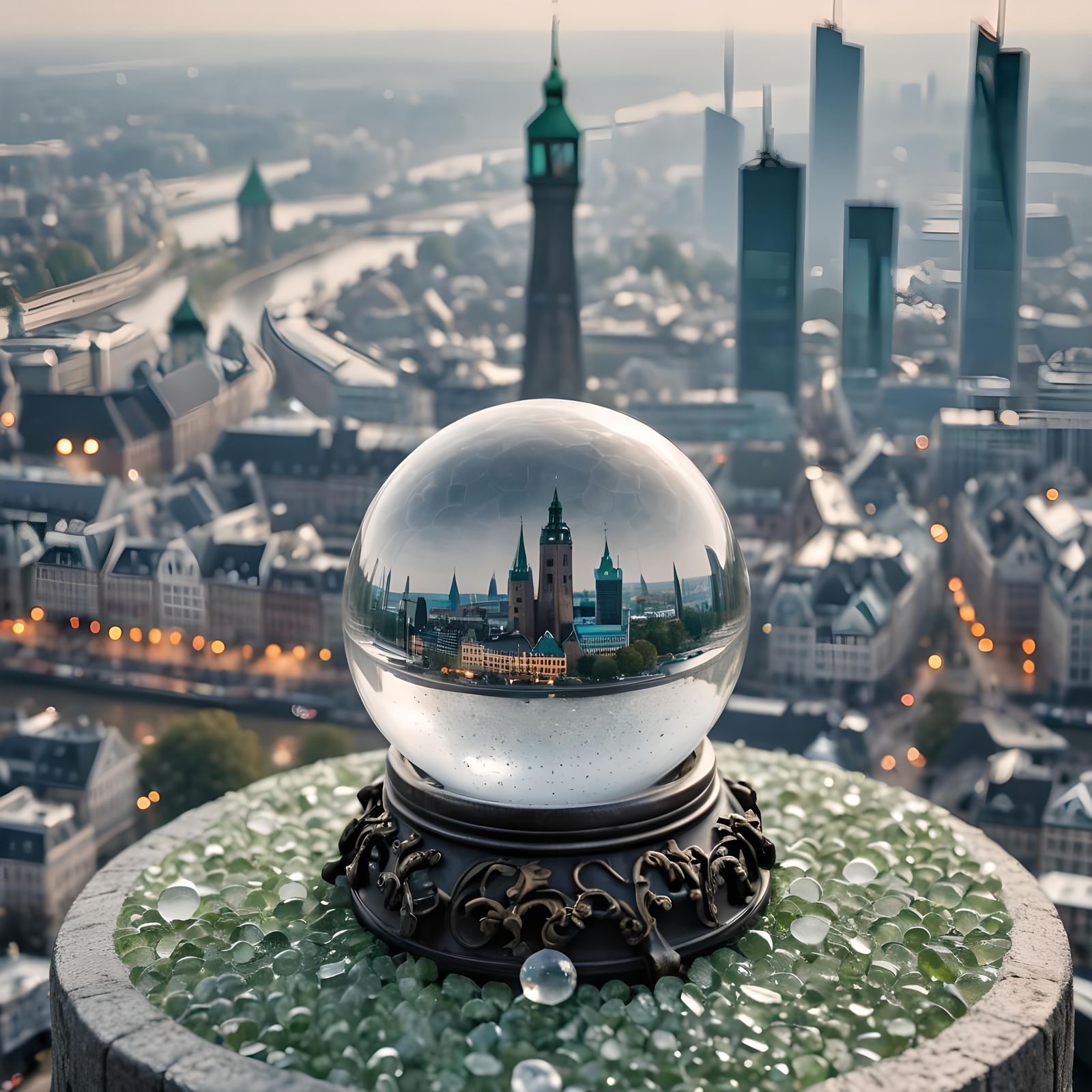 Dusseldorf Skyline Reflected in Glass Orb