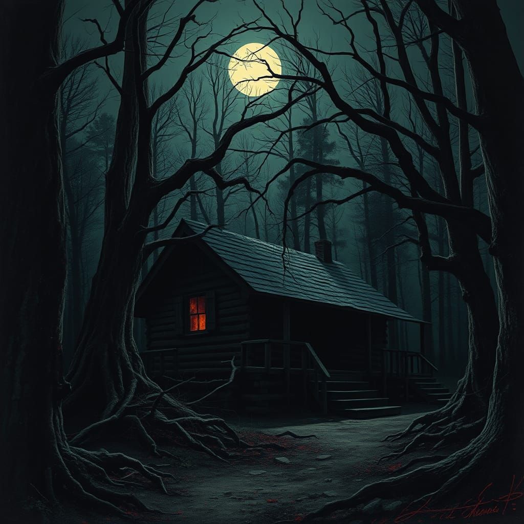 Eerie Cabin in Dark Forest, Surreal Horror Style