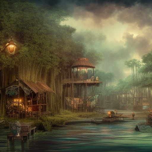 Fantasy Steampunk Village in Post-Apocalyptic Bayou