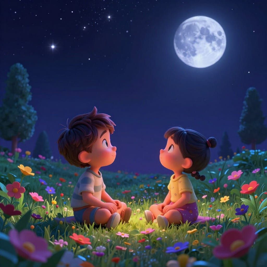 Child Gazes at Starry Night Sky in Floral Garden