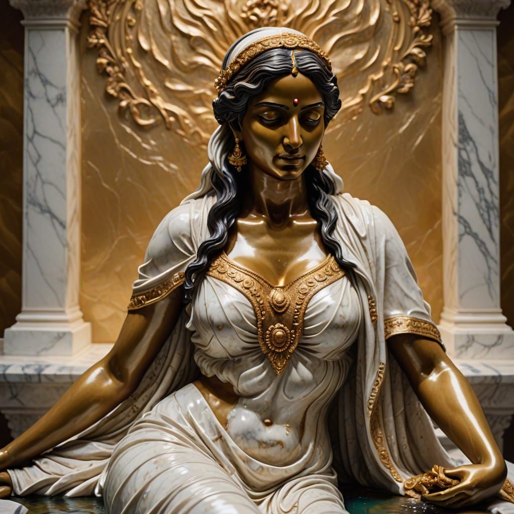 Indian Woman Bathing: Baroque Marble Sculpture