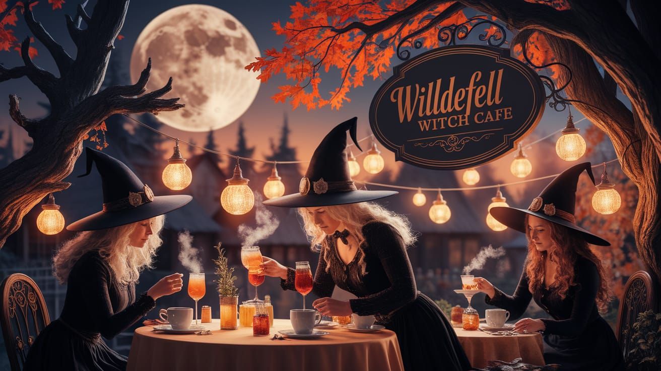 Tne patio of an enchanted witch cafe under the harvest moon....